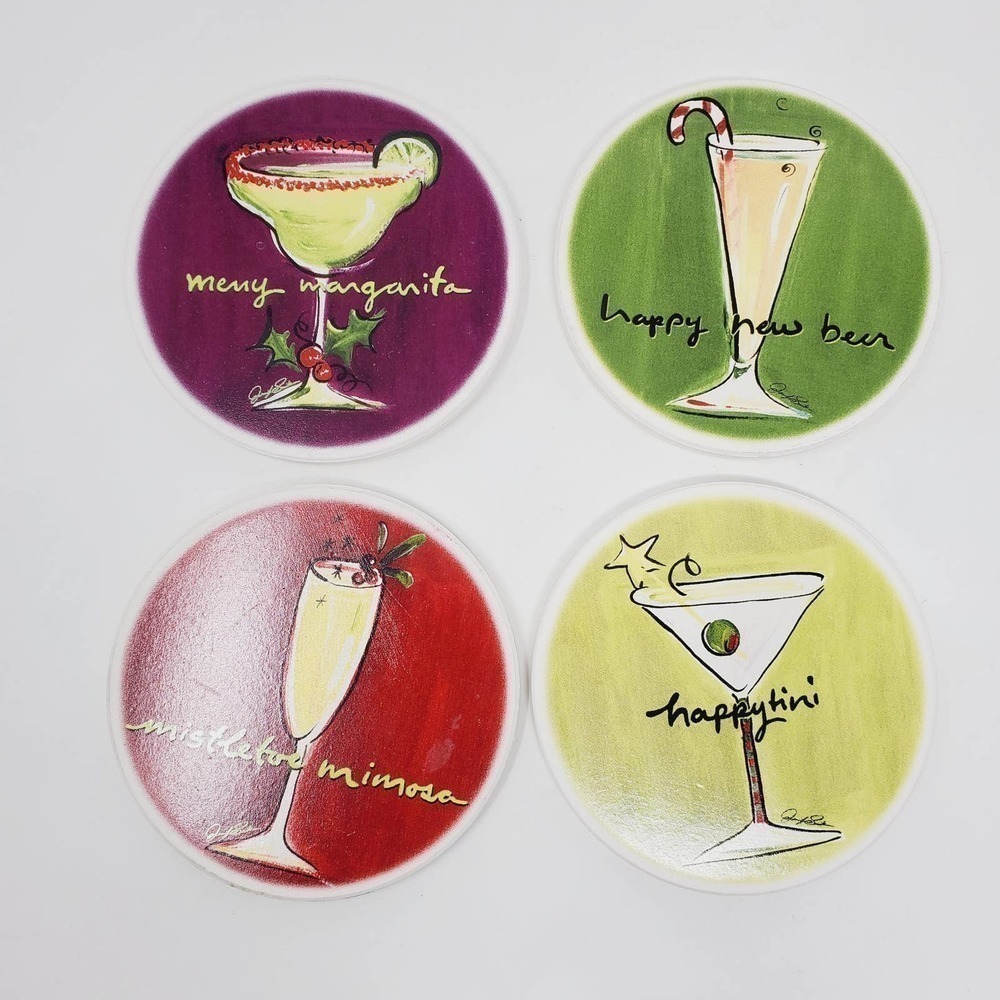 16. Ceramic Martini Mistletoe Mimosa Round Holiday Party Coasters Set of 4